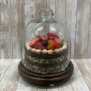 Luxe Faux Strawberry Topped Cake w/ Glass Cake Dome & Wooden Base